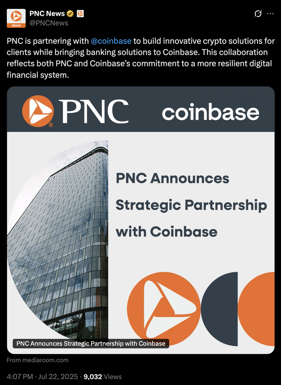 PNC partnership with Coinbase post on X.